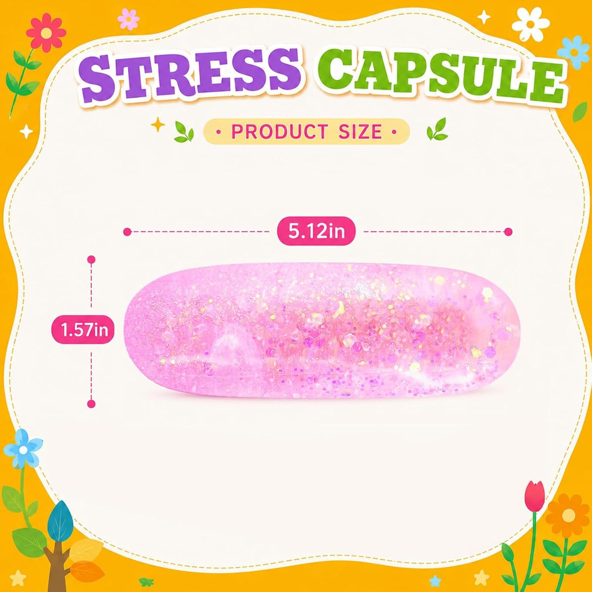 Pink Squishy Stress Capsule, Glitter Sensory Fidget Toy for Kids & Adults
