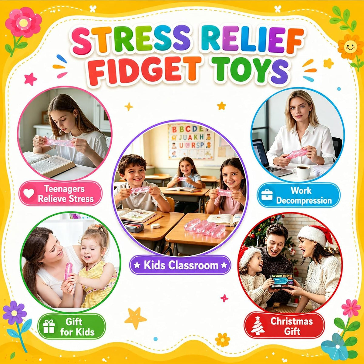 Pink Squishy Stress Capsule, Glitter Sensory Fidget Toy for Kids & Adults