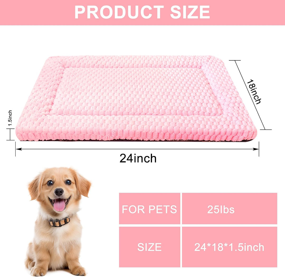 Dog Bed Mat,Reversible & Ultra Soft Kennel Pad-Machine Washable Pet Bed for Dogs & Cats-All-Weather Crate Liner for Crates,Carriers & Travel (Pink, 24" L x 18" W x 1.5" Th)