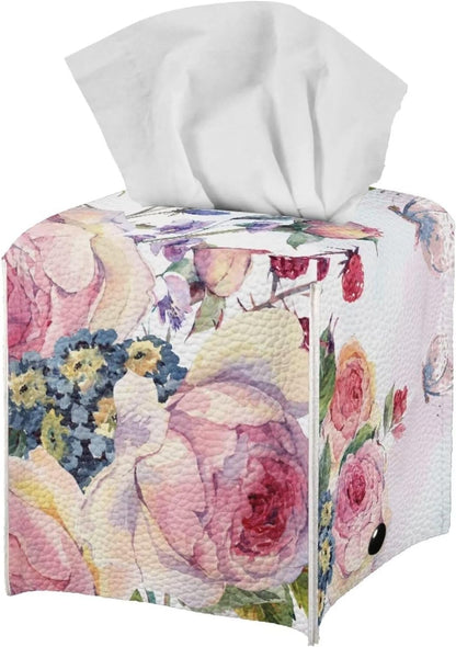 Pink Flower Tissue Box Holder Square Tissue Box Cover Facial Tissue Box Covers Cube Napkin Organizer Dispenser for Bedroom Office Bathroom Decor