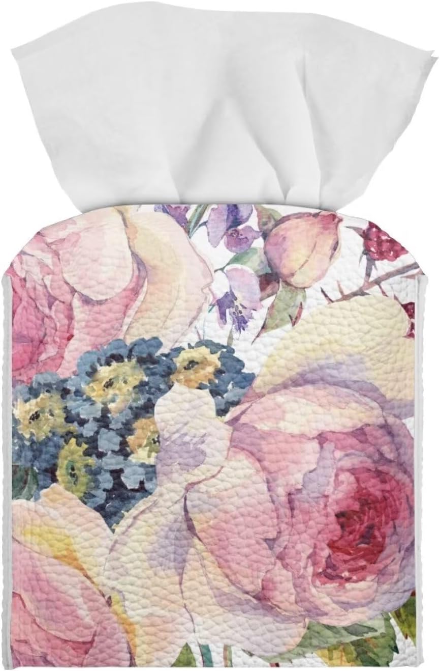 Pink Flower Tissue Box Holder Square Tissue Box Cover Facial Tissue Box Covers Cube Napkin Organizer Dispenser for Bedroom Office Bathroom Decor