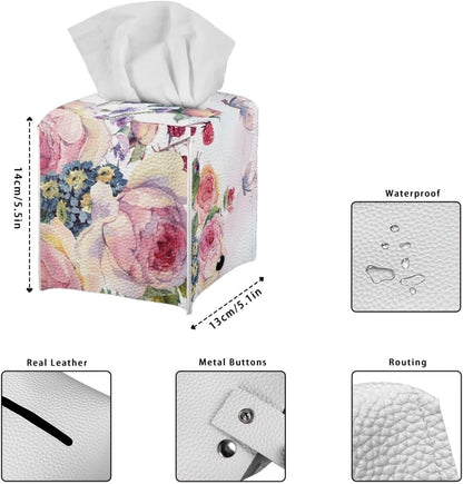 Pink Flower Tissue Box Holder Square Tissue Box Cover Facial Tissue Box Covers Cube Napkin Organizer Dispenser for Bedroom Office Bathroom Decor