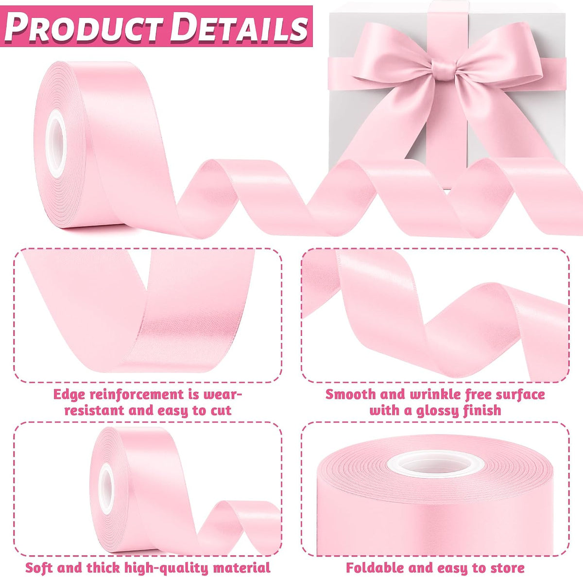 1 1/2 in 30 Yards Pink Satin Ribbon for Gift Wrapping Wedding Decor Crafts