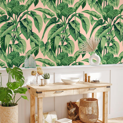 Pink Tropical Wallpaper Peel and Stick Vintage Palm Tree Wallpaper for Bathroom Accent Walls 17.7''x118'' Removable Pink Botanical Wallpaper Prepasted Pink Contact Paper for Cabinets Shelves