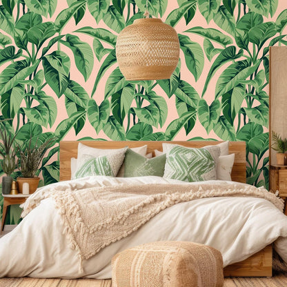 Pink Tropical Wallpaper Peel and Stick Vintage Palm Tree Wallpaper for Bathroom Accent Walls 17.7''x118'' Removable Pink Botanical Wallpaper Prepasted Pink Contact Paper for Cabinets Shelves