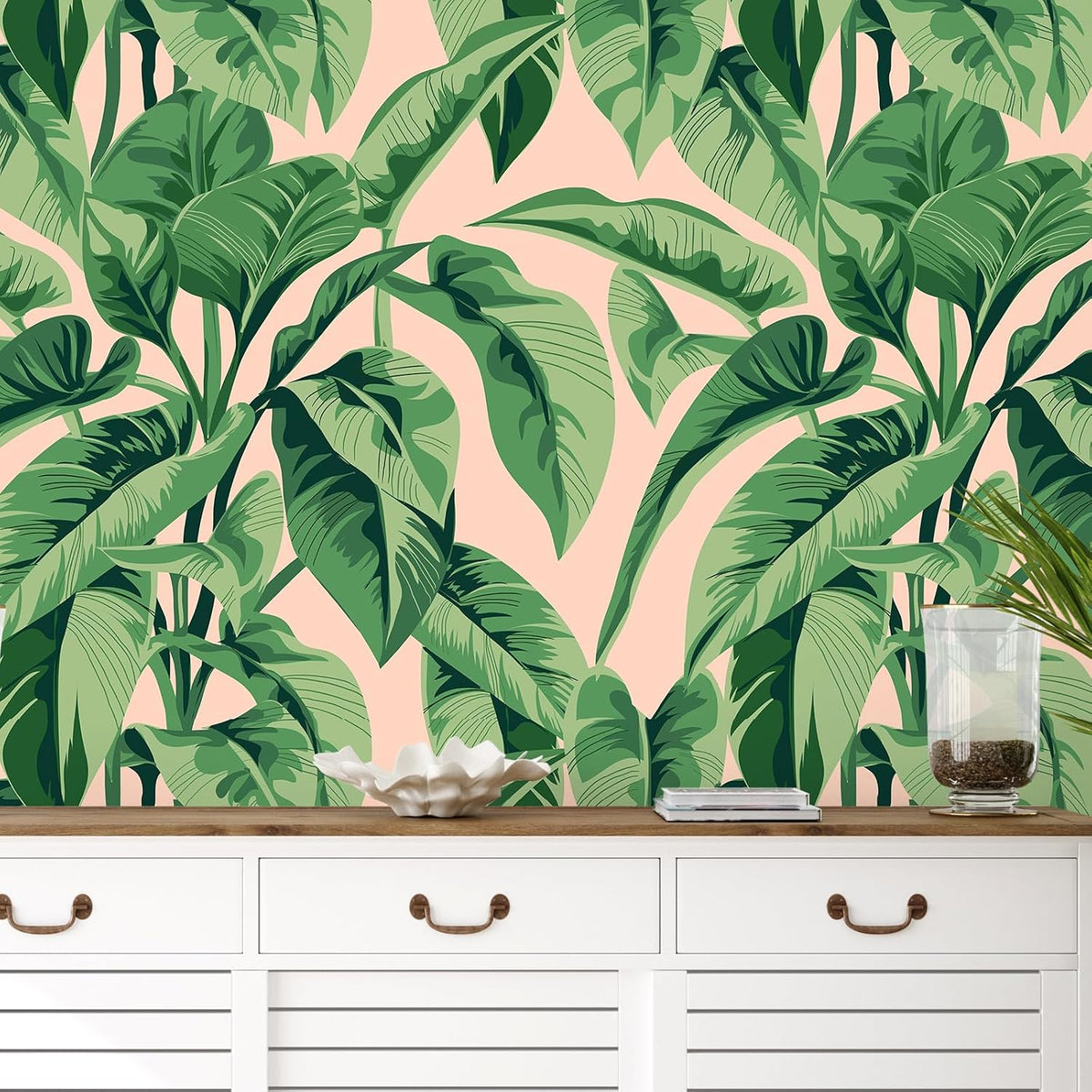 Pink Tropical Wallpaper Peel and Stick Vintage Palm Tree Wallpaper for Bathroom Accent Walls 17.7''x118'' Removable Pink Botanical Wallpaper Prepasted Pink Contact Paper for Cabinets Shelves