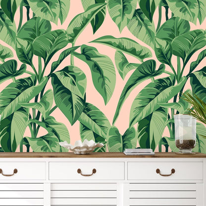 Pink Tropical Wallpaper Peel and Stick Vintage Palm Tree Wallpaper for Bathroom Accent Walls 17.7''x118'' Removable Pink Botanical Wallpaper Prepasted Pink Contact Paper for Cabinets Shelves