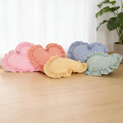 Heart Pillow, Pink White Gingham Heart Throw Pillow with Ruffle, Cute Love Checkered Decorative Heart Shaped Pillow Cushion for Sofa Couch Bed Living Room Bedroom