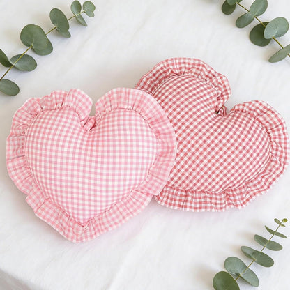 Heart Pillow, Pink White Gingham Heart Throw Pillow with Ruffle, Cute Love Checkered Decorative Heart Shaped Pillow Cushion for Sofa Couch Bed Living Room Bedroom