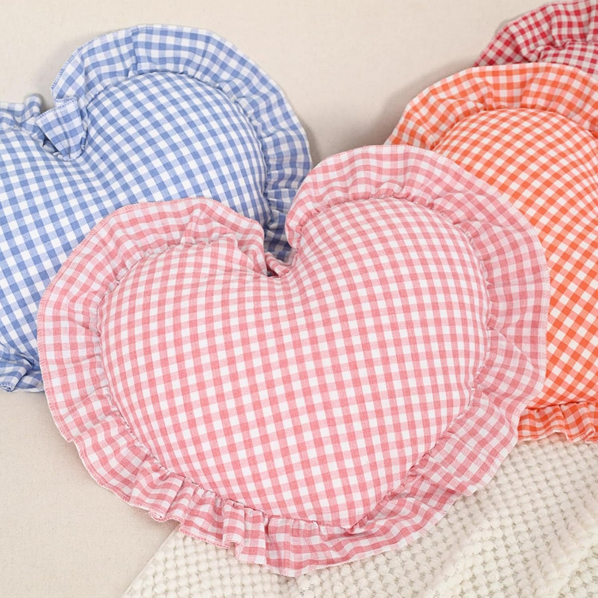 Heart Pillow, Pink White Gingham Heart Throw Pillow with Ruffle, Cute Love Checkered Decorative Heart Shaped Pillow Cushion for Sofa Couch Bed Living Room Bedroom