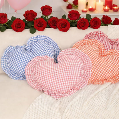 Heart Pillow, Pink White Gingham Heart Throw Pillow with Ruffle, Cute Love Checkered Decorative Heart Shaped Pillow Cushion for Sofa Couch Bed Living Room Bedroom