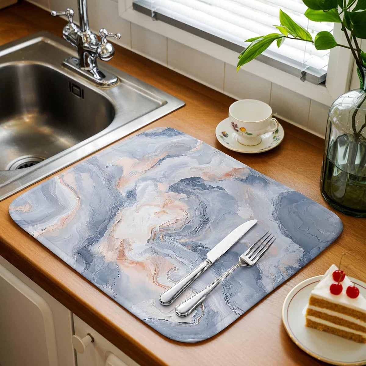 Dish Drying Mat Abstract Gray Pink Marble Texture Kitchen Counter Drying Pad for Dishes Glasses Cups and Cookware Modern Absorbent Dish Drying Mat Machine Washable Kitchen Accessories 16" x 18"