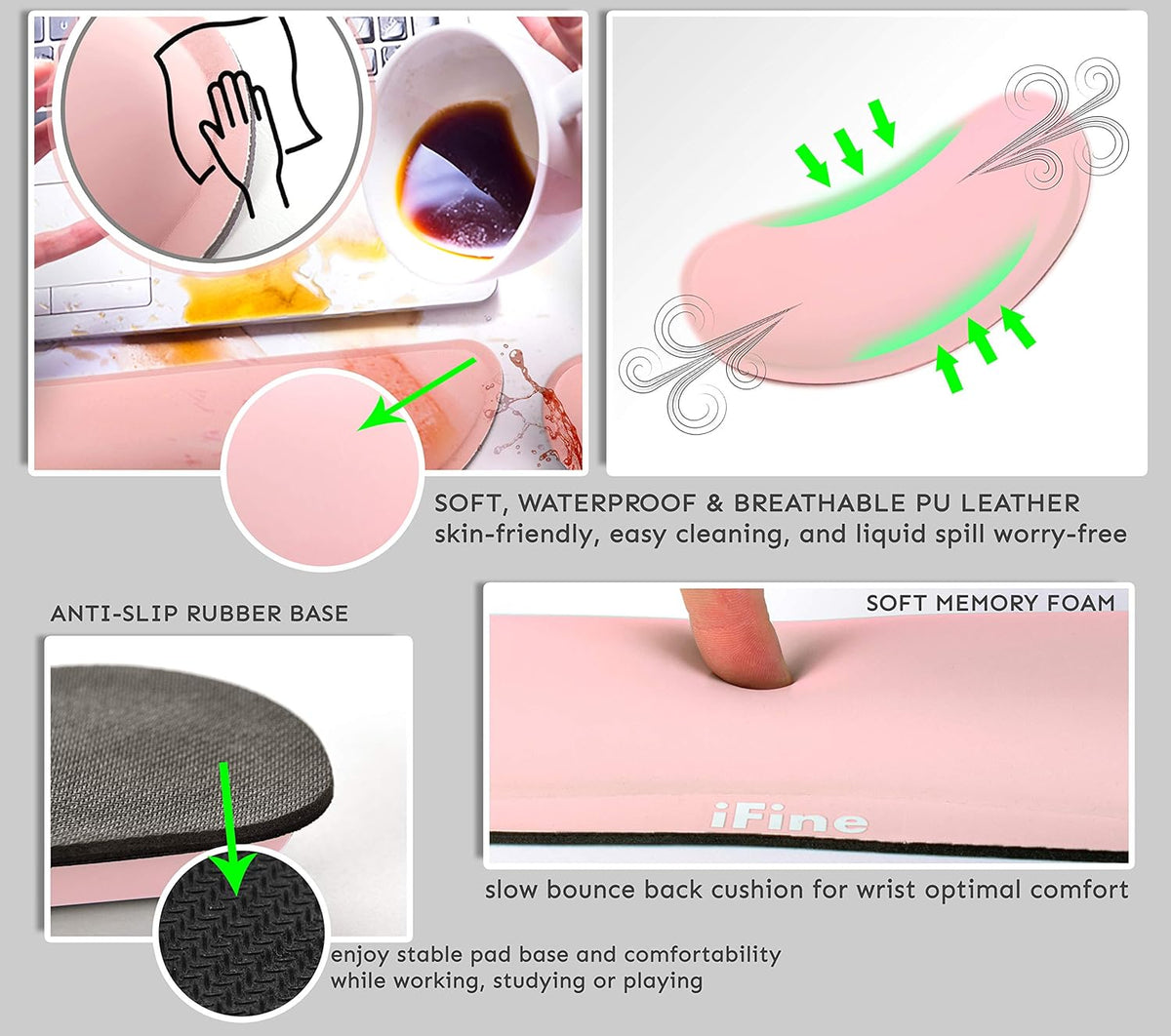 Upgrade Cleanable PU Leather Keyboard Wrist Rest Pad & Mouse Wrist Cushion Support for School, Office, Home, Computer, Laptop, Mac, Waterproof Lightweight Comfortable Pain Relief Typing -Pink
