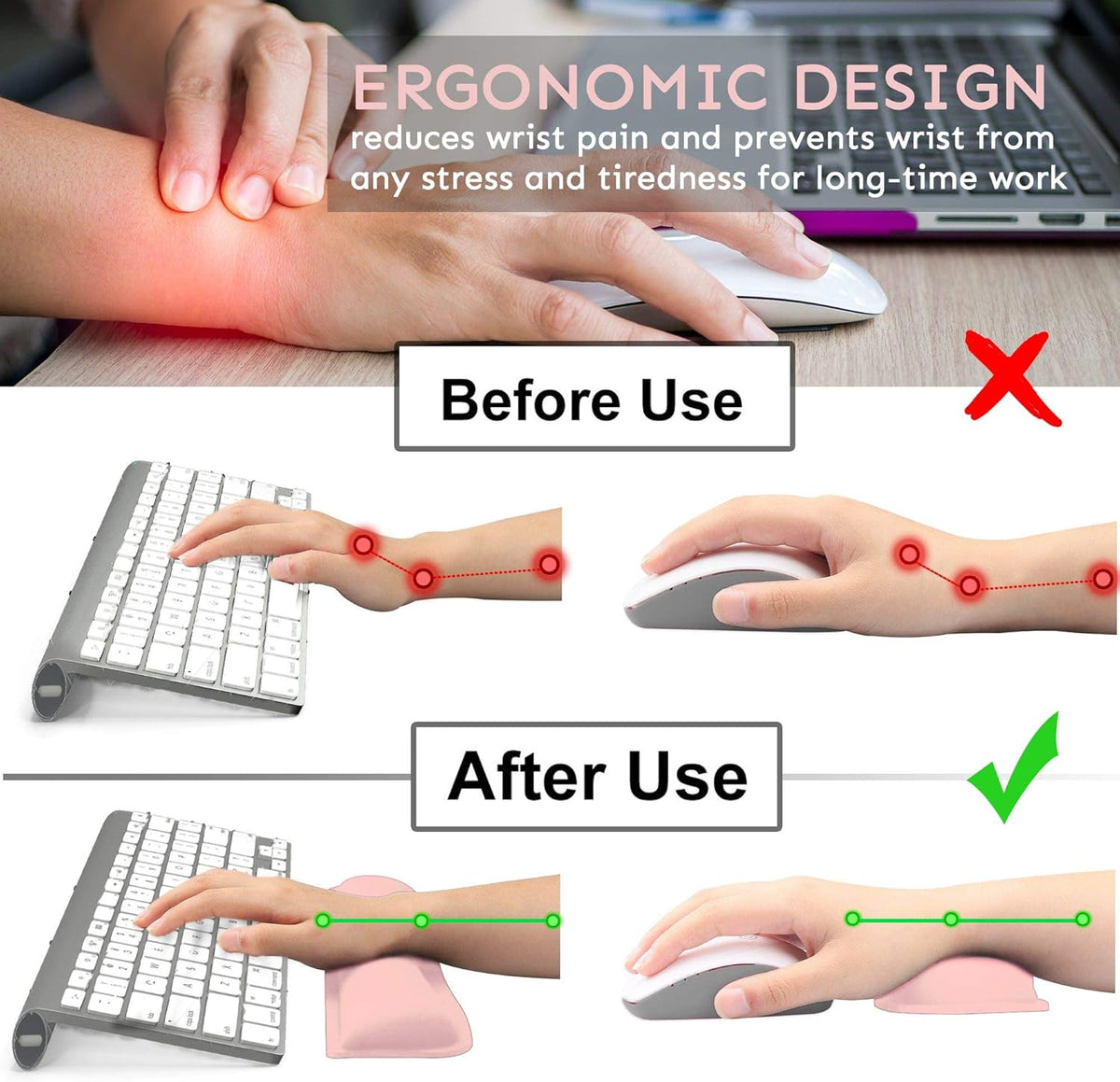 Upgrade Cleanable PU Leather Keyboard Wrist Rest Pad & Mouse Wrist Cushion Support for School, Office, Home, Computer, Laptop, Mac, Waterproof Lightweight Comfortable Pain Relief Typing -Pink
