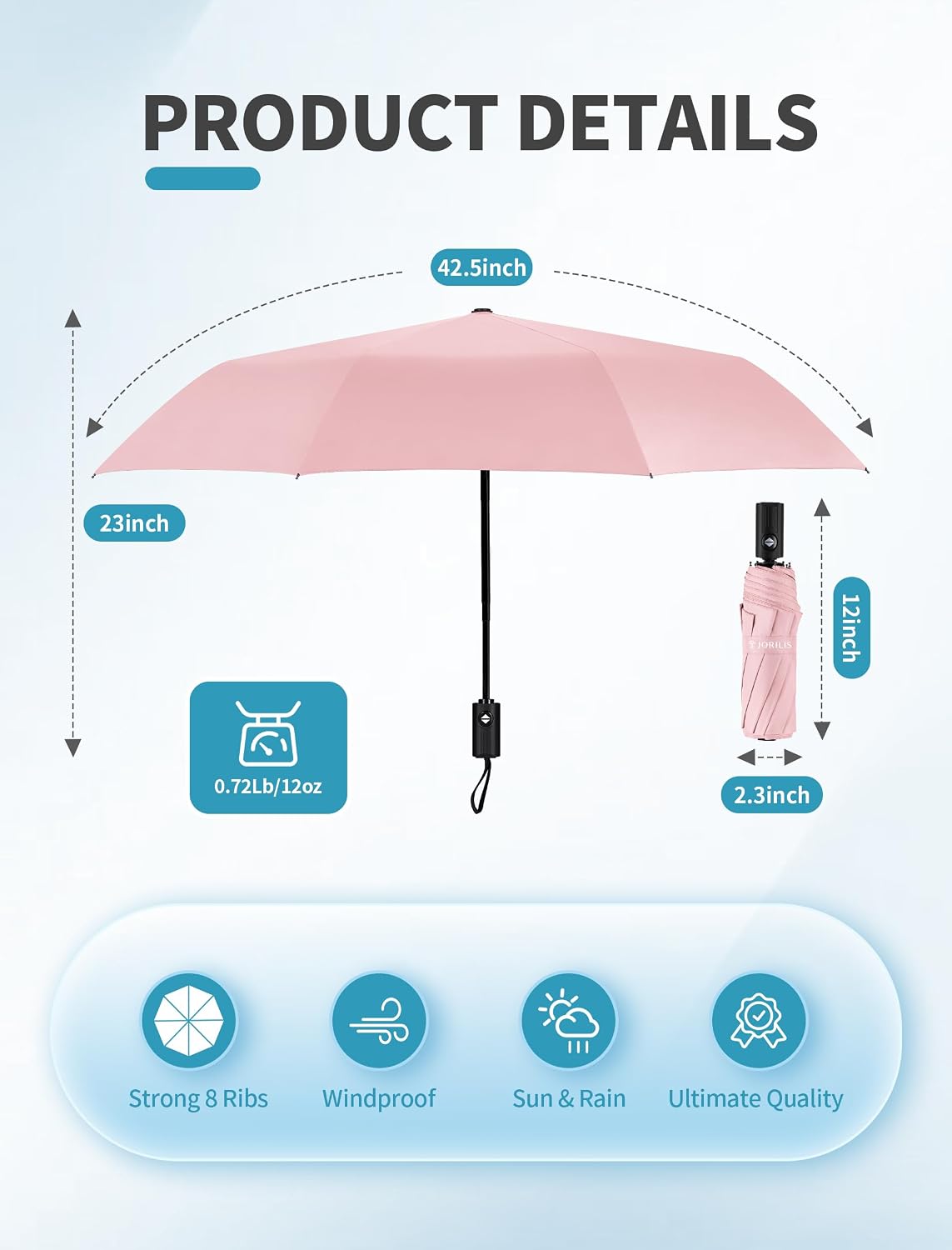 Compact Umbrella for Travel - Automatic Umbrellas for Rain & Sun Protection, Small Portable UV Umbrella for Car, Backpack, Walking, Folding Windproof Umbrellas for Kids, Women