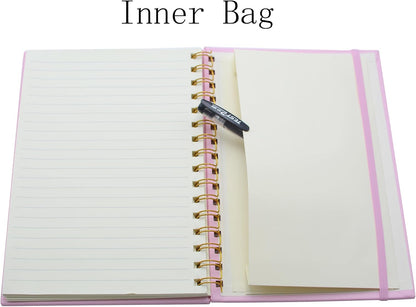 Spiral Notebook with Bandage and Inner Pockets, A5 PU Hardcover 8mm Ruled 70 Sheets/140 Pages Journals for Study and Office (Pink)