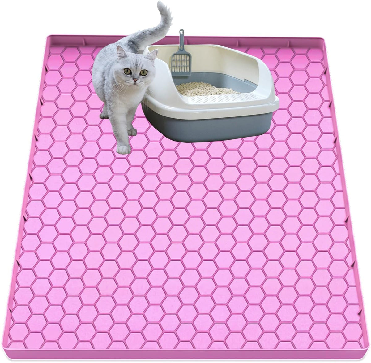 Cat Litter Mat for Litter Box, Silicone Large Cat Litter Trapping Mat - 25x19 in, Waterproof & Non-Slip, Durable & Easy Clean, Pink