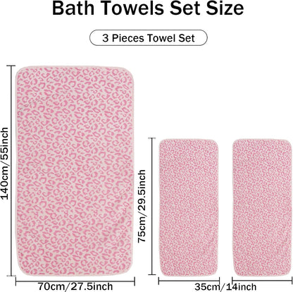 Pink Leopard Print Towels Set Ultra Soft Microfiber Absorbent Cute Animal Pattern Bath Towel Bundle Quick Dry Towels for Bathroom Spa Gym Pool (2 Hand Towels+1 Bath Towel)