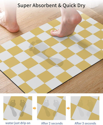 Lemon Yellow Plaid Stone Bath Mat, Modern Checkerboard Plaid Repeating Pattern 20" x 32" Super Absorbent, Dries Quickly, Non-Slip Diatomaceous Earth Bath Mats for Bathroom Kitchen Laundry