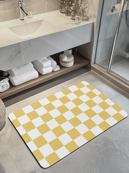 Lemon Yellow Plaid Stone Bath Mat, Modern Checkerboard Plaid Repeating Pattern 20" x 32" Super Absorbent, Dries Quickly, Non-Slip Diatomaceous Earth Bath Mats for Bathroom Kitchen Laundry