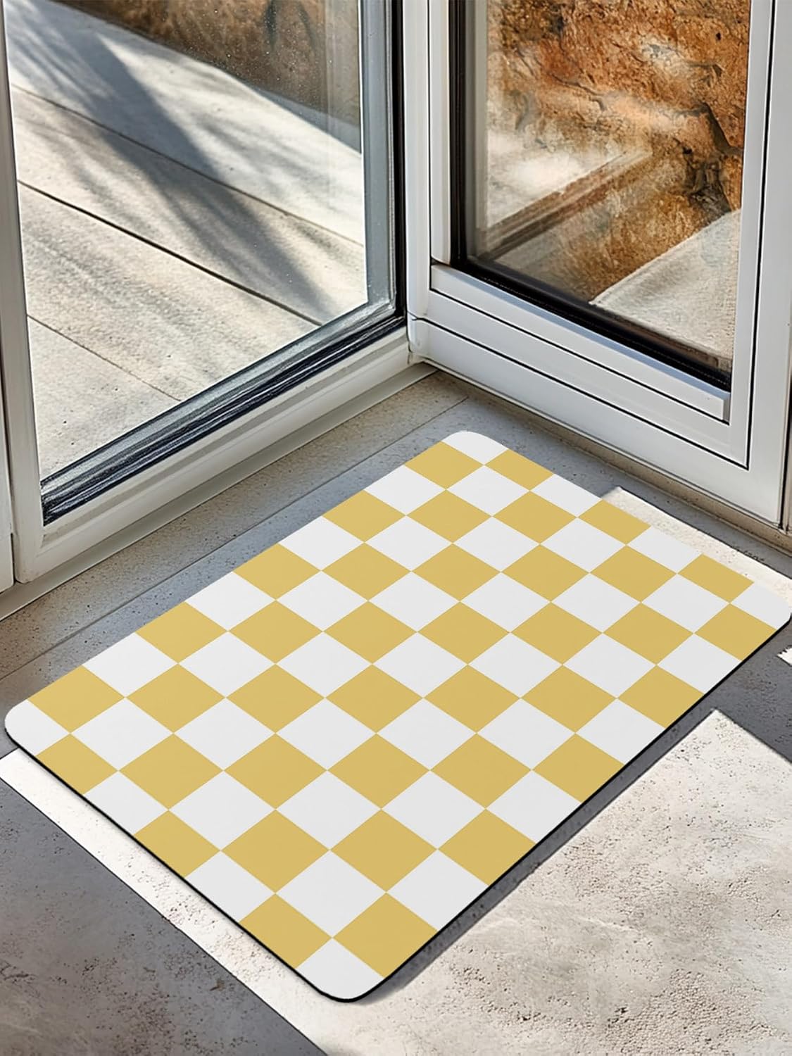 Lemon Yellow Plaid Stone Bath Mat, Modern Checkerboard Plaid Repeating Pattern 20" x 32" Super Absorbent, Dries Quickly, Non-Slip Diatomaceous Earth Bath Mats for Bathroom Kitchen Laundry