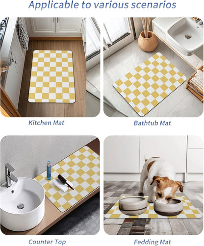 Lemon Yellow Plaid Stone Bath Mat, Modern Checkerboard Plaid Repeating Pattern 20" x 32" Super Absorbent, Dries Quickly, Non-Slip Diatomaceous Earth Bath Mats for Bathroom Kitchen Laundry