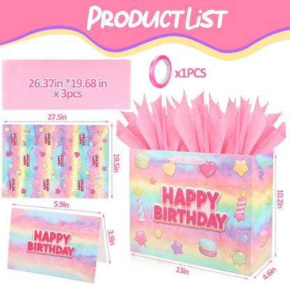 13” Happy Birthday Gift Bags with Tissue Paper Wrapping Paper and Card,Pink Gift Wrap Bags with handles for Women,Girls and Kid,Medium Reusable Happy Birthday Bag for Party