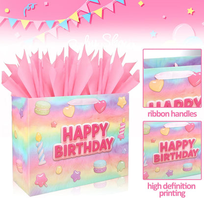 13” Happy Birthday Gift Bags with Tissue Paper Wrapping Paper and Card,Pink Gift Wrap Bags with handles for Women,Girls and Kid,Medium Reusable Happy Birthday Bag for Party