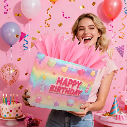13” Happy Birthday Gift Bags with Tissue Paper Wrapping Paper and Card,Pink Gift Wrap Bags with handles for Women,Girls and Kid,Medium Reusable Happy Birthday Bag for Party