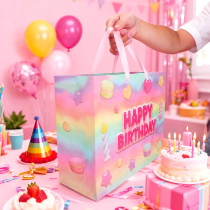 13” Happy Birthday Gift Bags with Tissue Paper Wrapping Paper and Card,Pink Gift Wrap Bags with handles for Women,Girls and Kid,Medium Reusable Happy Birthday Bag for Party