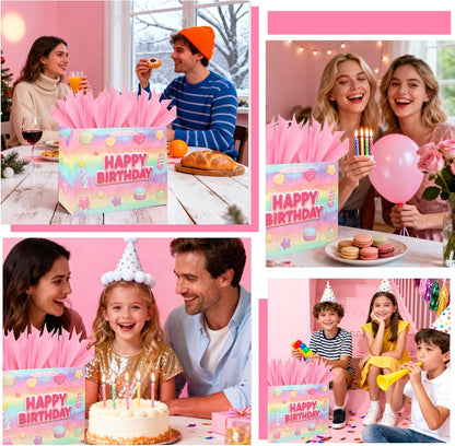 13” Happy Birthday Gift Bags with Tissue Paper Wrapping Paper and Card,Pink Gift Wrap Bags with handles for Women,Girls and Kid,Medium Reusable Happy Birthday Bag for Party