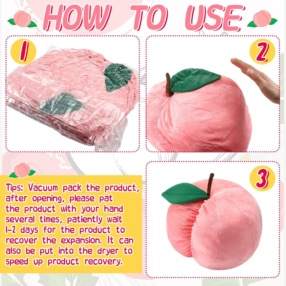 2 Pcs Peach Fruit Pillow Plush Toy Cute Fun Kawaii Gifts Room Decor