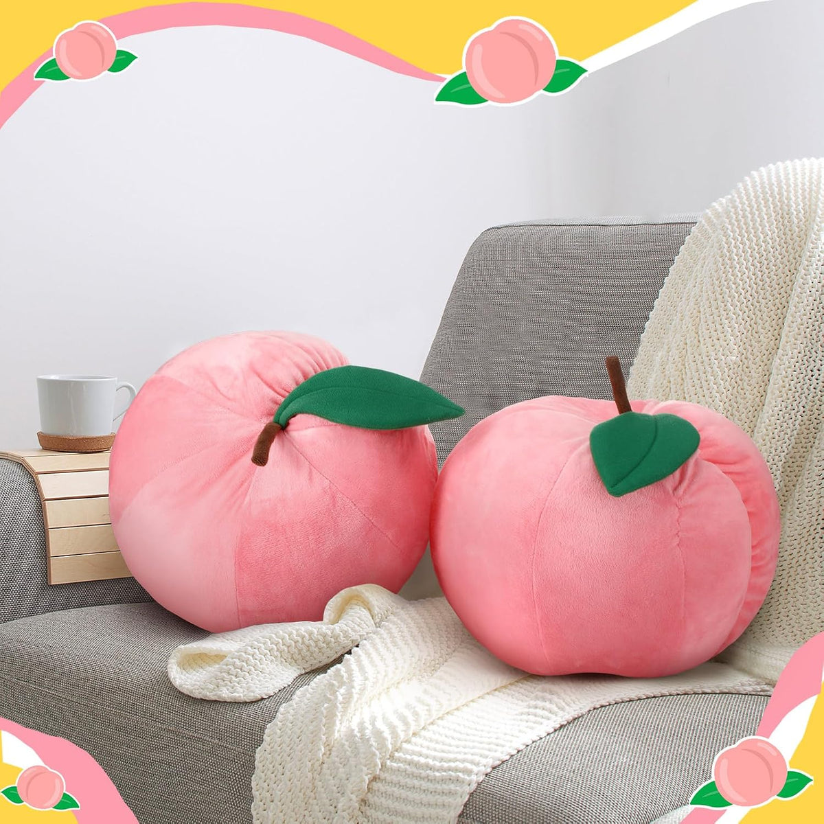 2 Pcs Peach Fruit Pillow Plush Toy Cute Fun Kawaii Gifts Room Decor
