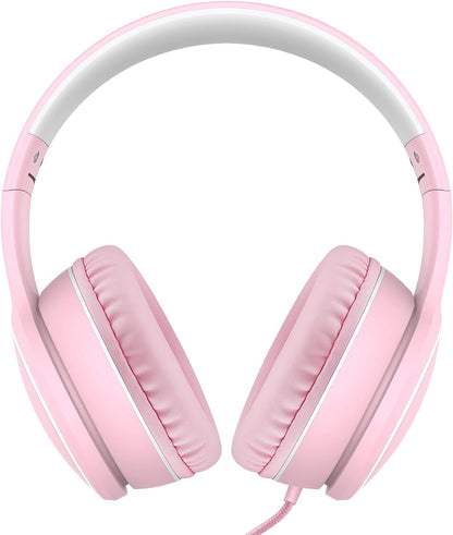 R10 Over-Ear Headphones with Microphone, Lightweight Folding Stereo Bass Headset with 1.5M No-Tangle Cord, Portable Wired Headphones for Smartphone Tablet Computer MP3 / 4 (Pink)