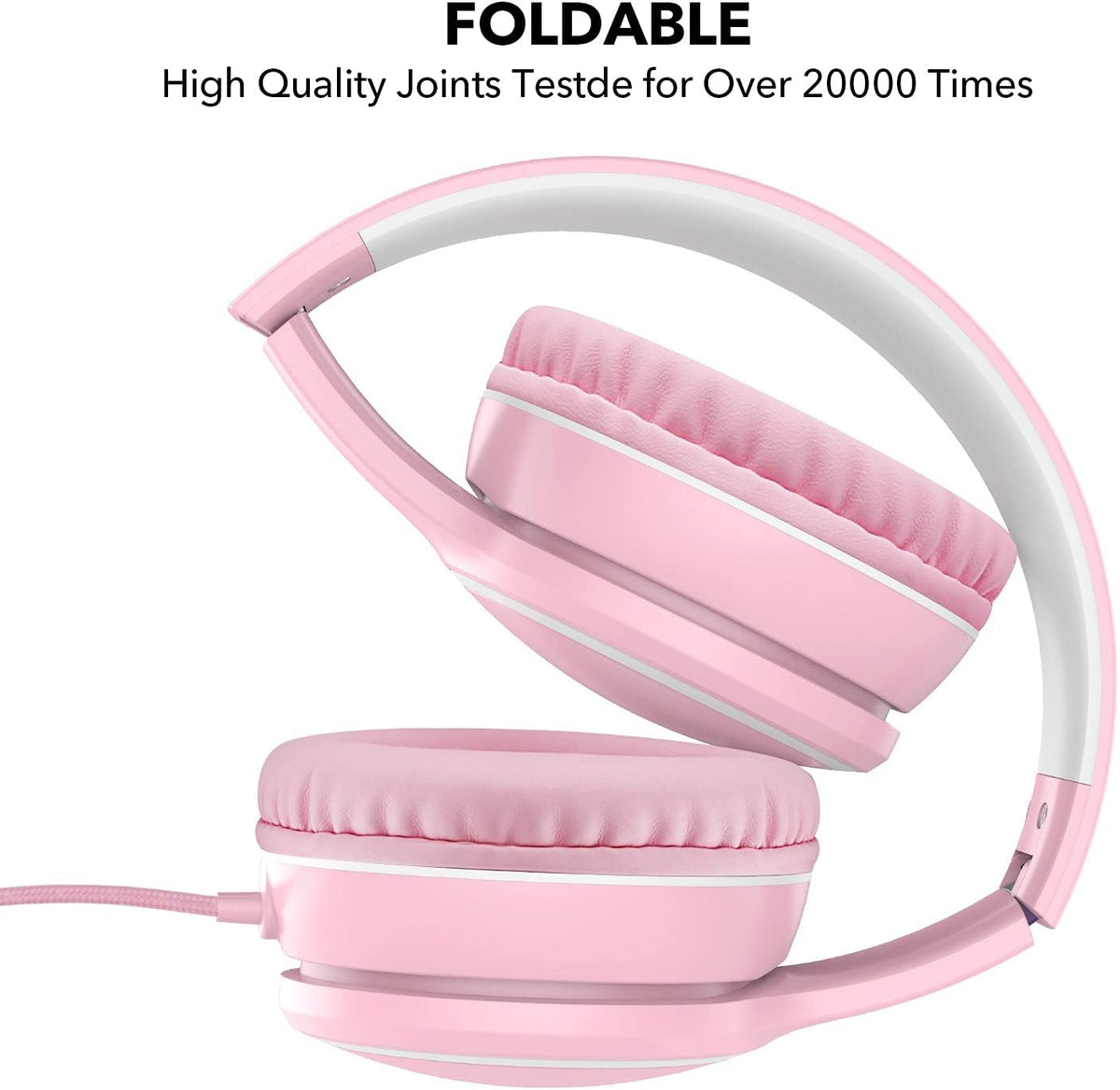 R10 Over-Ear Headphones with Microphone, Lightweight Folding Stereo Bass Headset with 1.5M No-Tangle Cord, Portable Wired Headphones for Smartphone Tablet Computer MP3 / 4 (Pink)