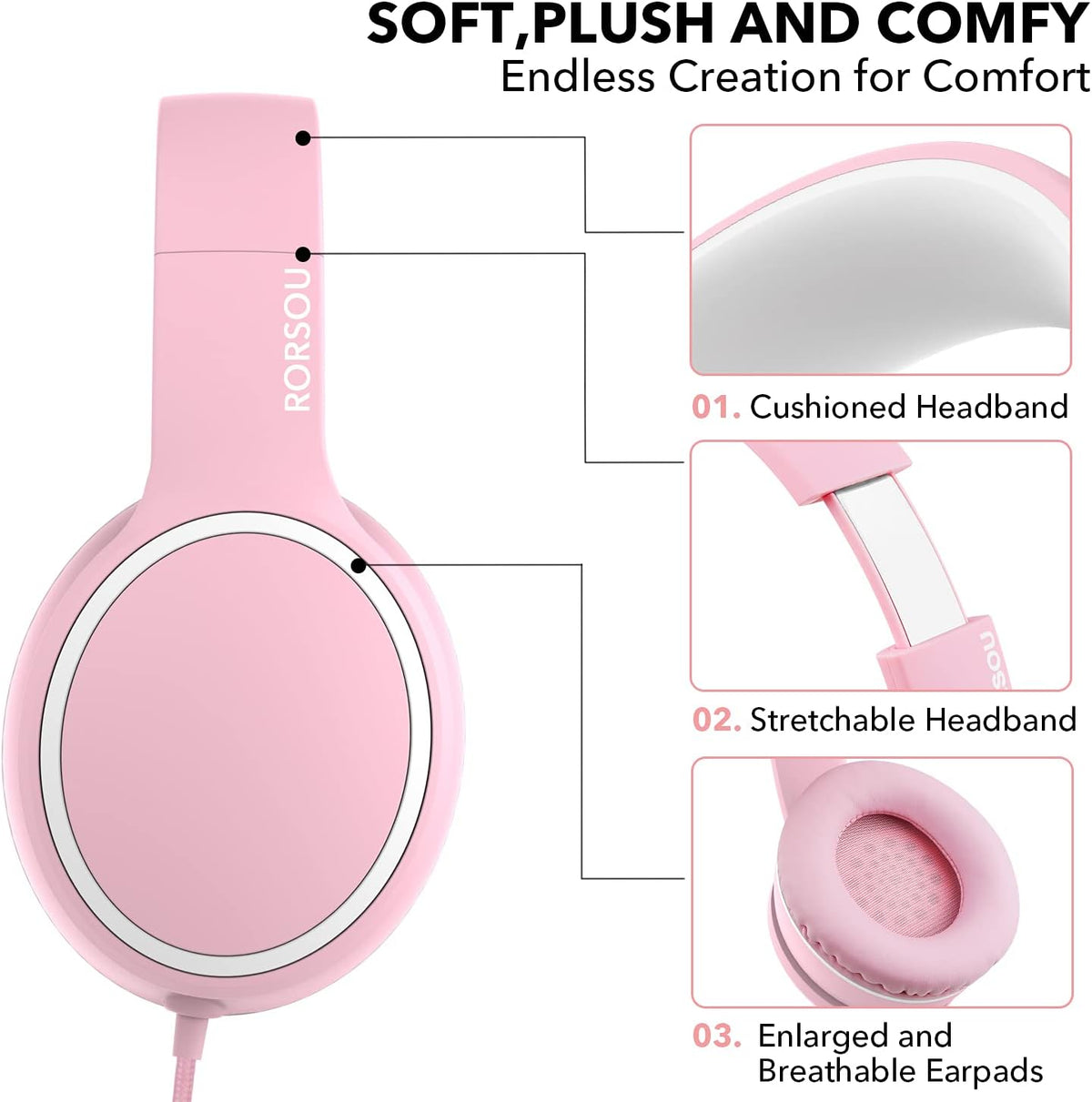 R10 Over-Ear Headphones with Microphone, Lightweight Folding Stereo Bass Headset with 1.5M No-Tangle Cord, Portable Wired Headphones for Smartphone Tablet Computer MP3 / 4 (Pink)