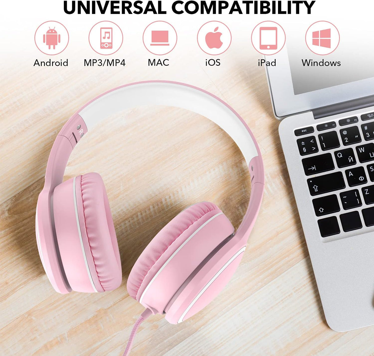 R10 Over-Ear Headphones with Microphone, Lightweight Folding Stereo Bass Headset with 1.5M No-Tangle Cord, Portable Wired Headphones for Smartphone Tablet Computer MP3 / 4 (Pink)