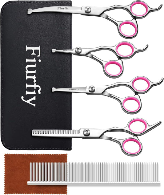 Furry Professional Pet Grooming Scissors with Safety Round Heads - 6 in 1 Curved Scissors for Dogs and Cats