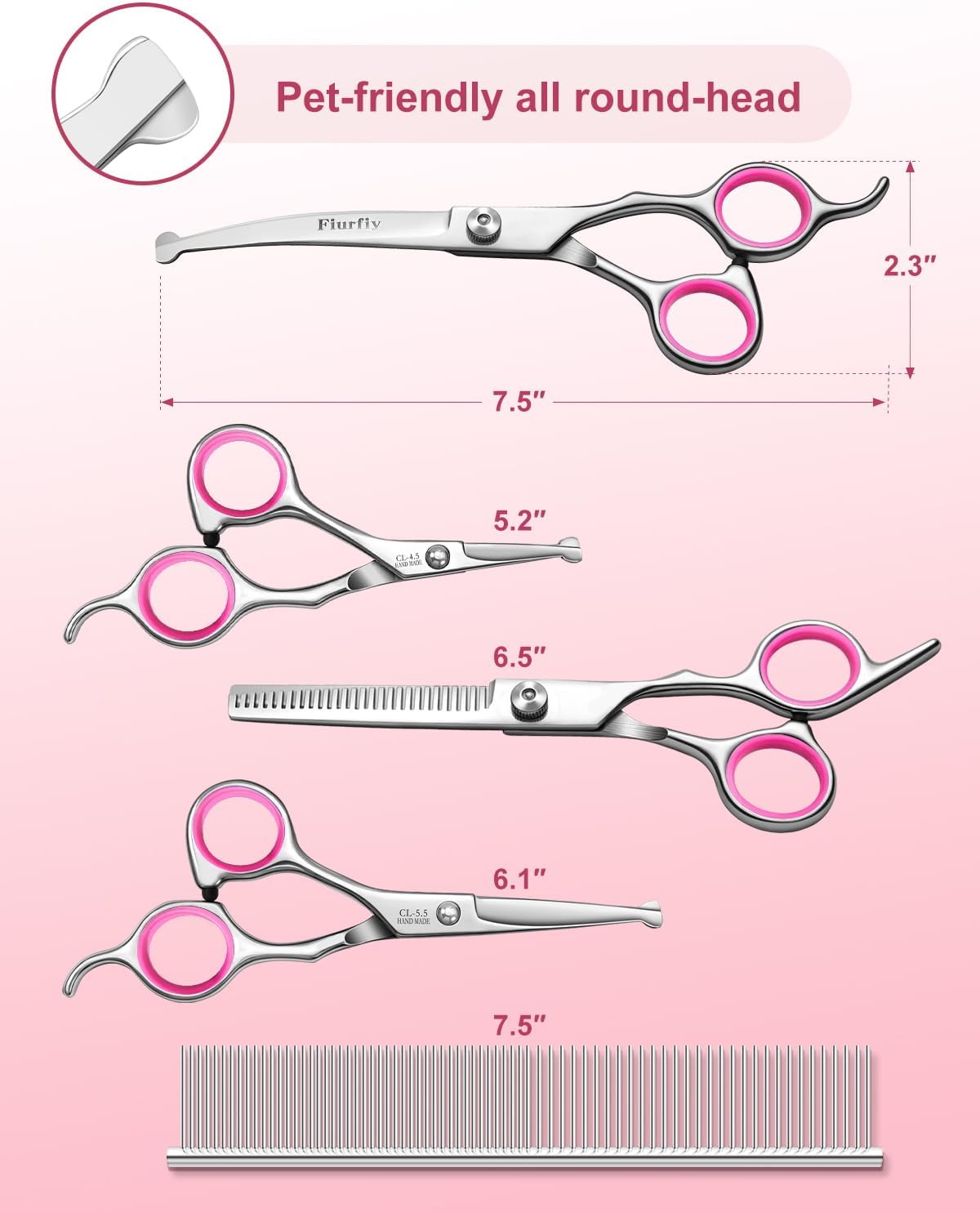 Furry Professional Pet Grooming Scissors with Safety Round Heads - 6 in 1 Curved Scissors for Dogs and Cats