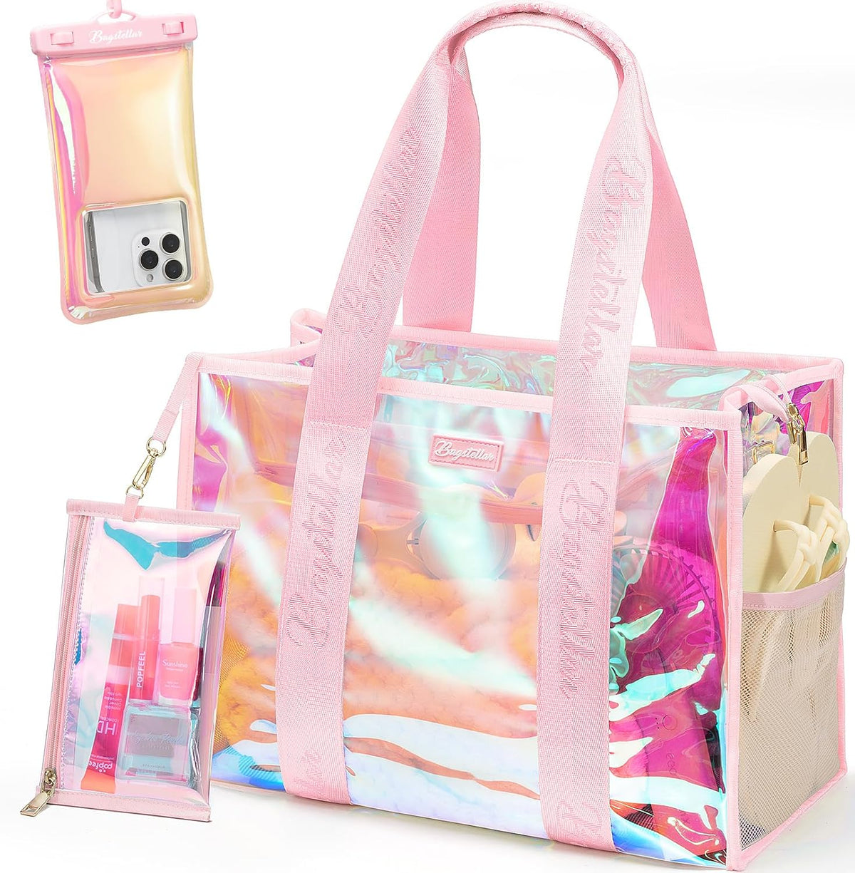 Iridescent Beach Bag, Jelly Tote Bag with Phone Pouch Makeup Bag