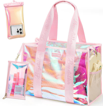 Iridescent Beach Bag, Jelly Tote Bag with Phone Pouch Makeup Bag
