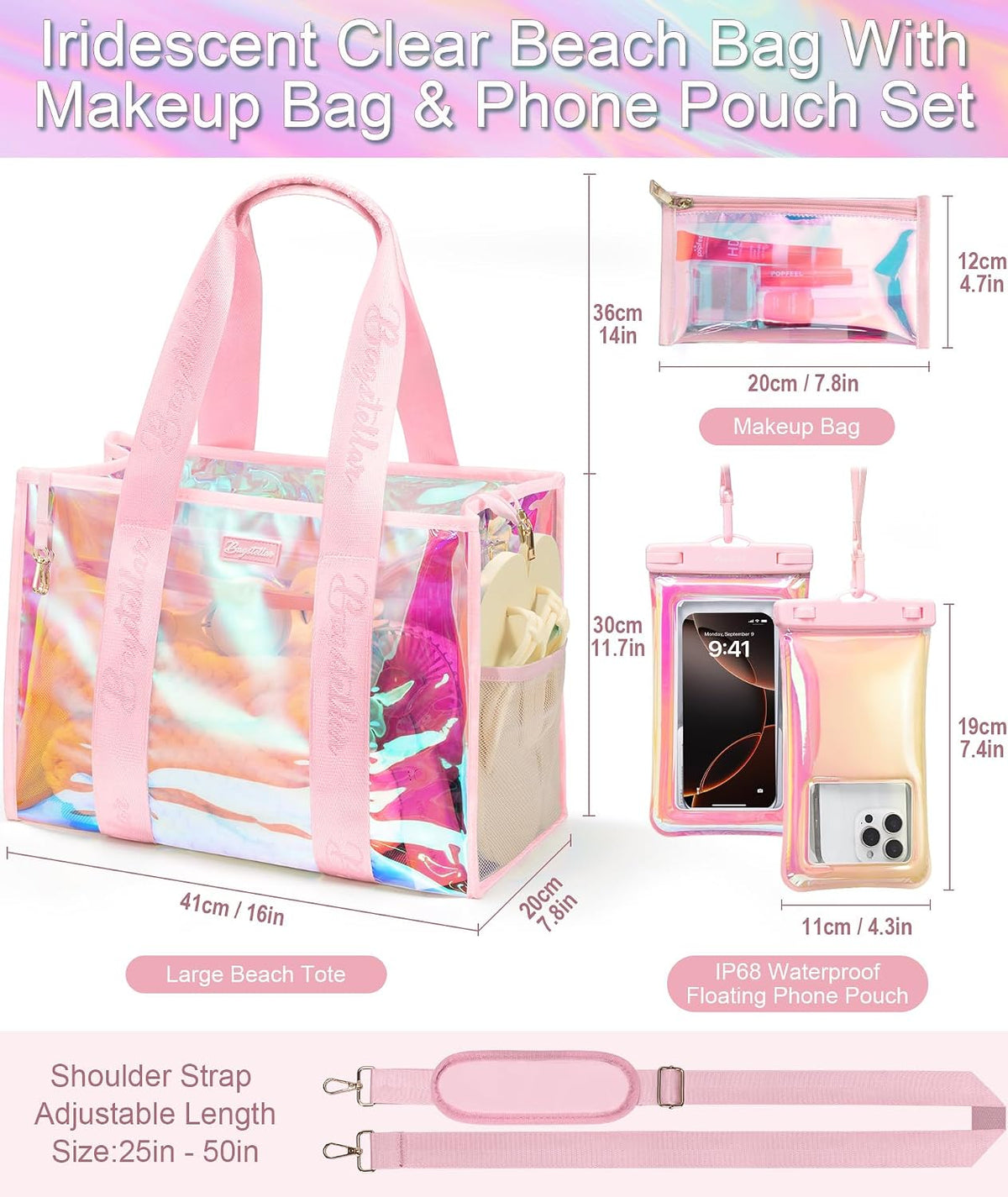 Iridescent Beach Bag, Jelly Tote Bag with Phone Pouch Makeup Bag