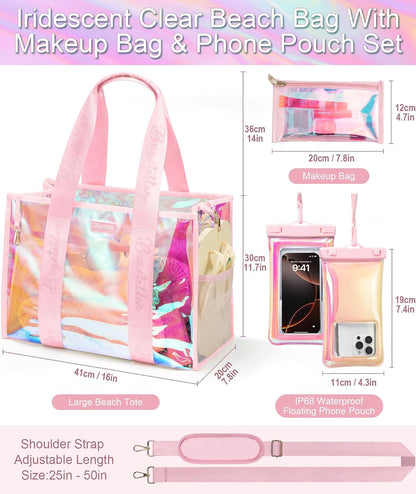 Iridescent Beach Bag, Jelly Tote Bag with Phone Pouch Makeup Bag