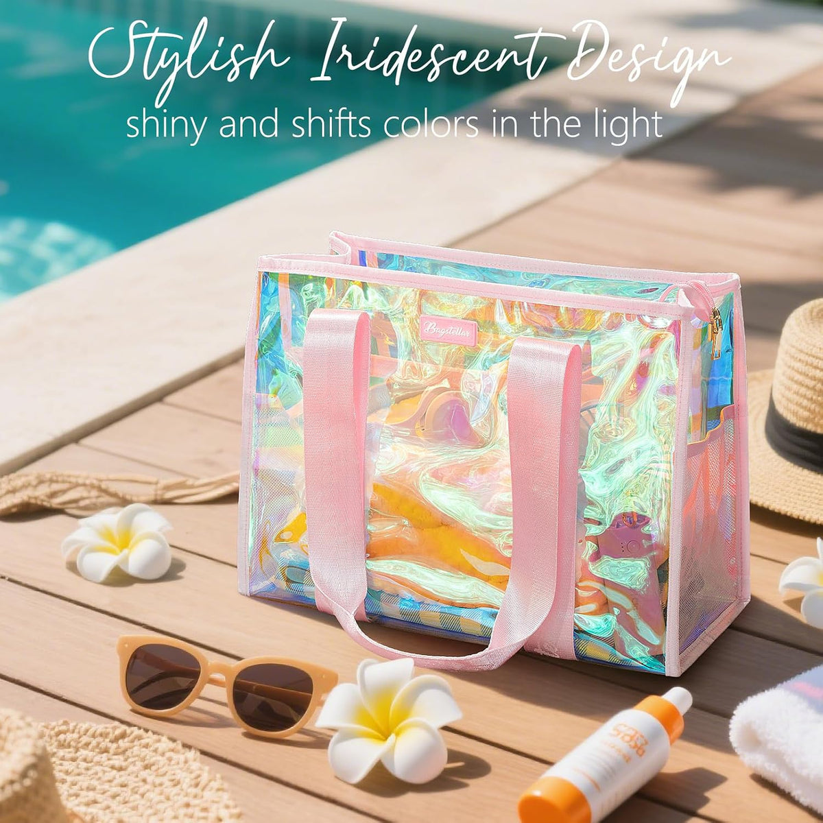 Iridescent Beach Bag, Jelly Tote Bag with Phone Pouch Makeup Bag