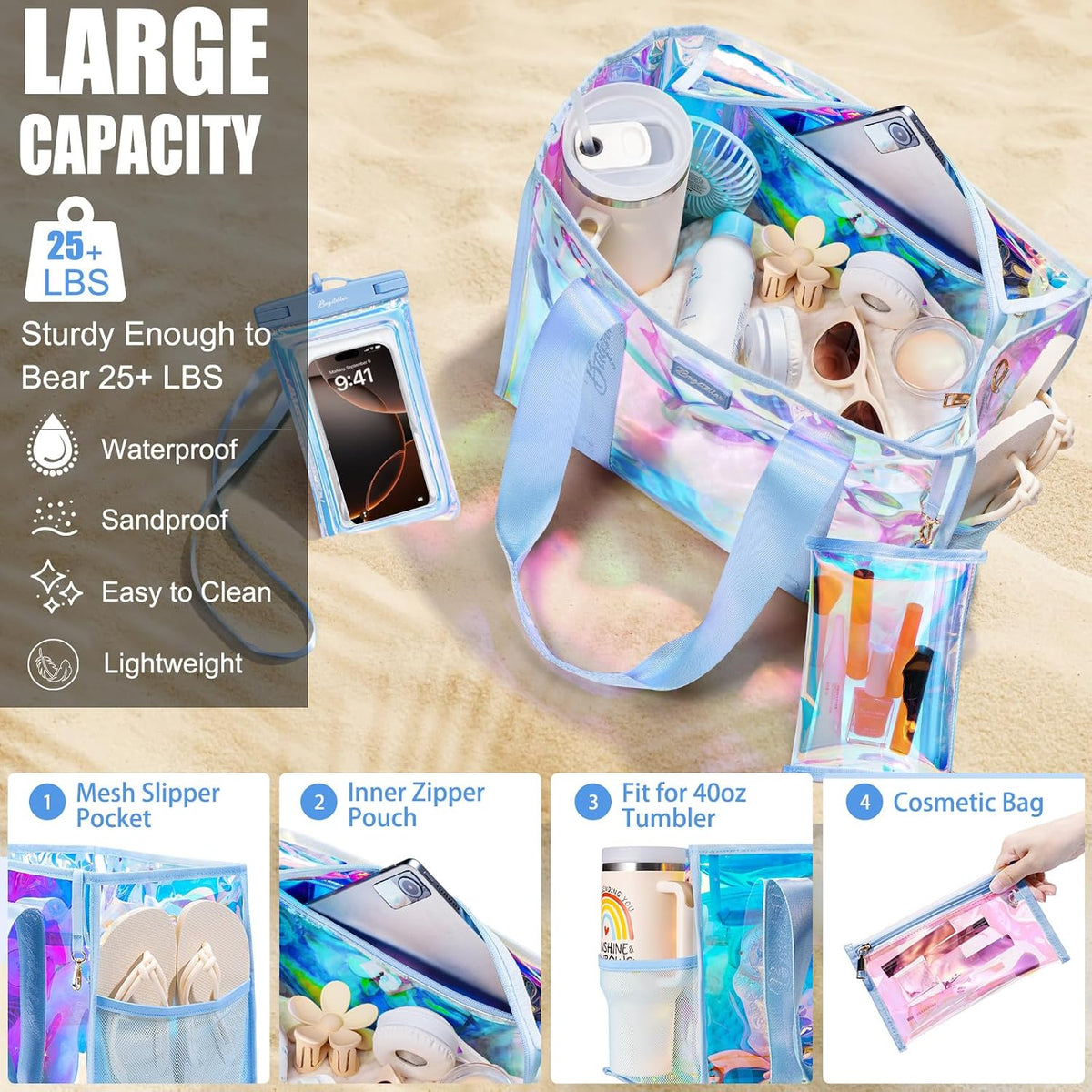 Iridescent Beach Bag, Jelly Tote Bag with Phone Pouch Makeup Bag
