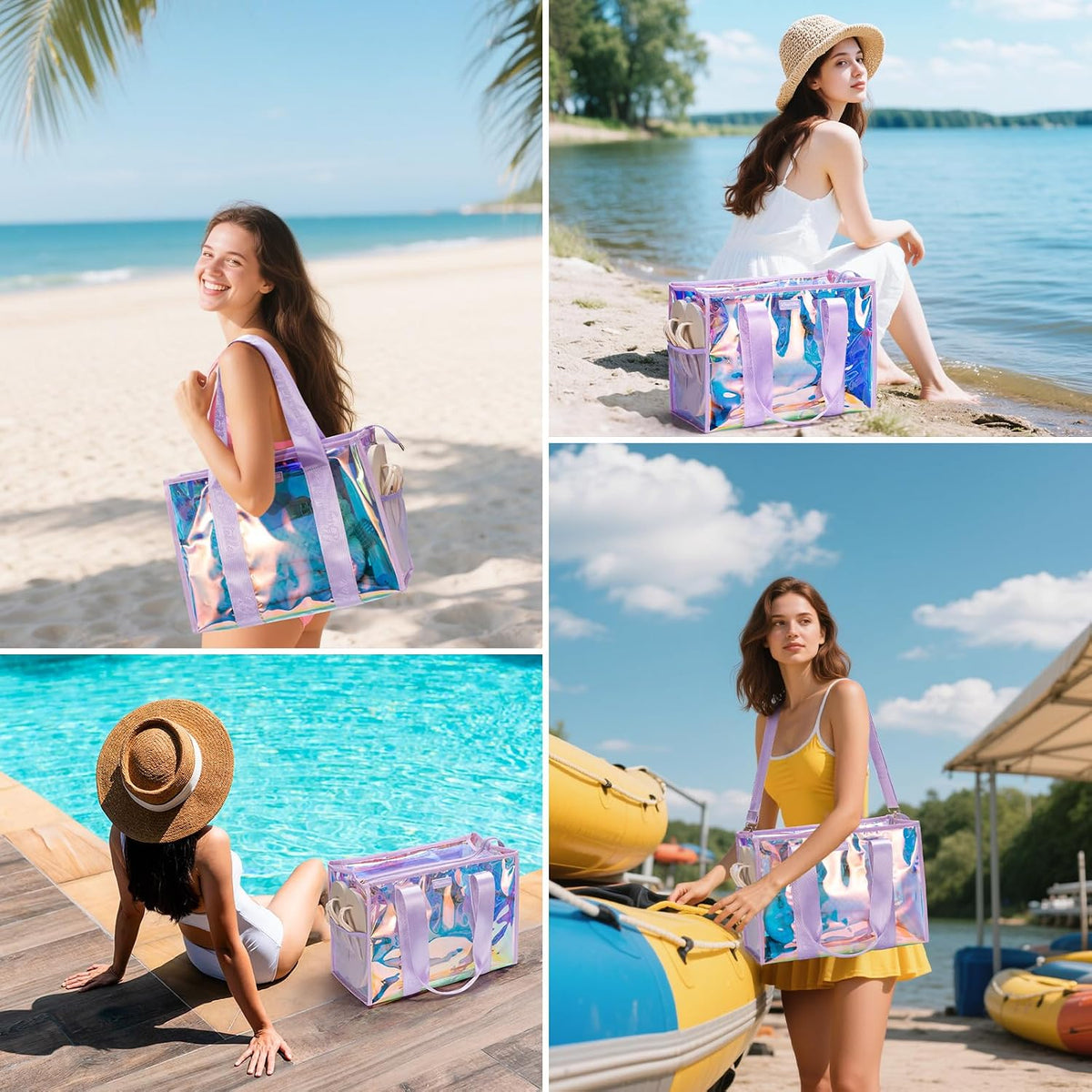 Iridescent Beach Bag, Jelly Tote Bag with Phone Pouch Makeup Bag