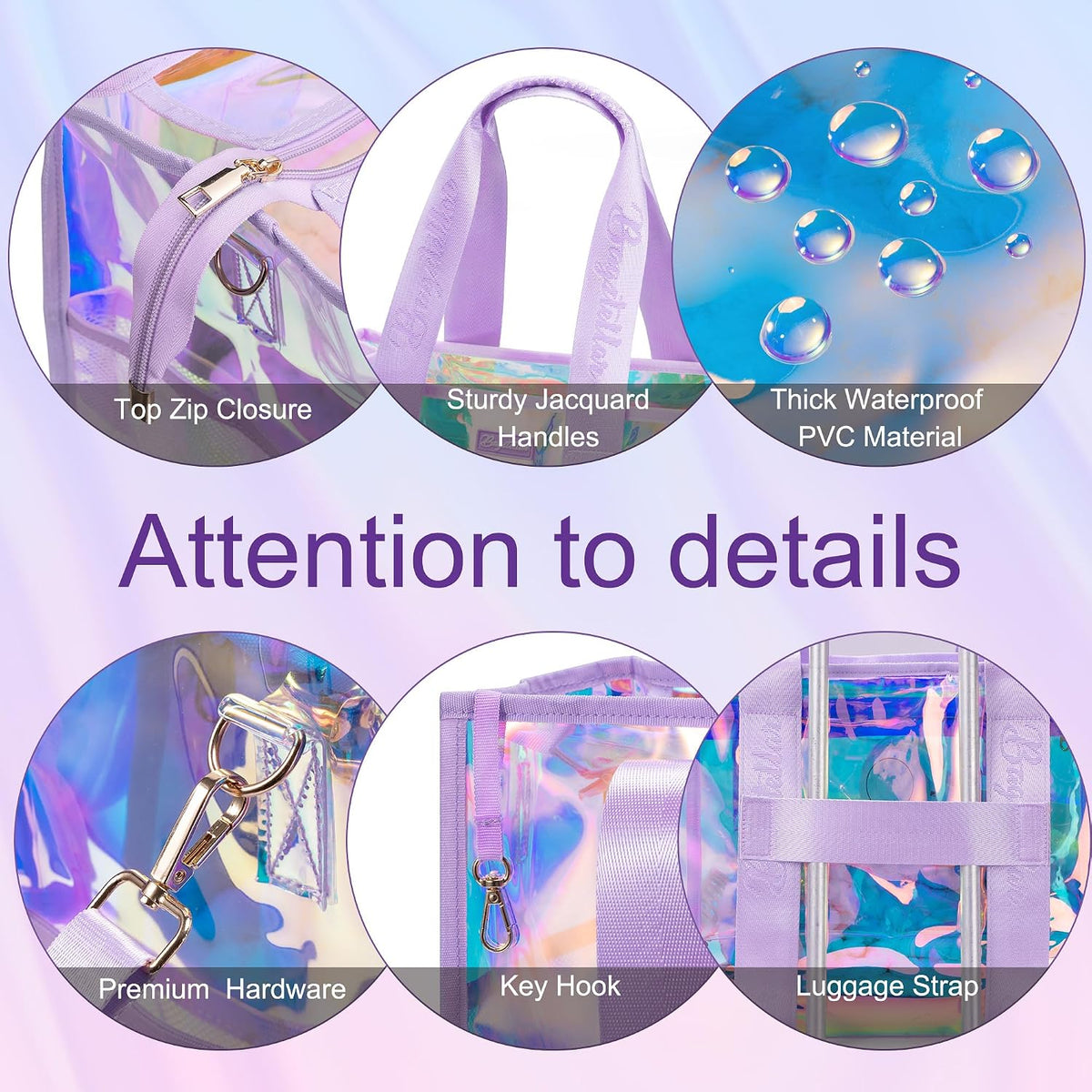 Iridescent Beach Bag, Jelly Tote Bag with Phone Pouch Makeup Bag