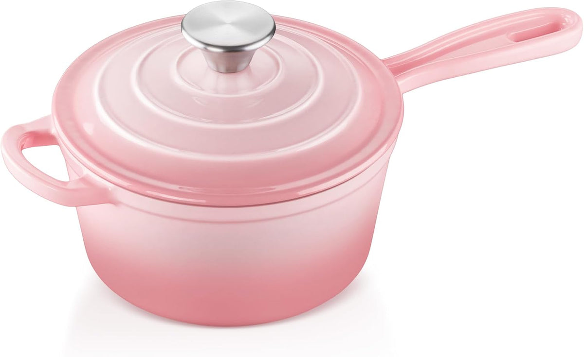 1Qt Cast Iron Sauce Pan with Lid, Kitchen Induction Soup Pot, Pink