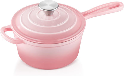 1Qt Cast Iron Sauce Pan with Lid, Kitchen Induction Soup Pot, Pink