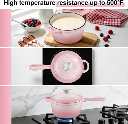 1Qt Cast Iron Sauce Pan with Lid, Kitchen Induction Soup Pot, Pink